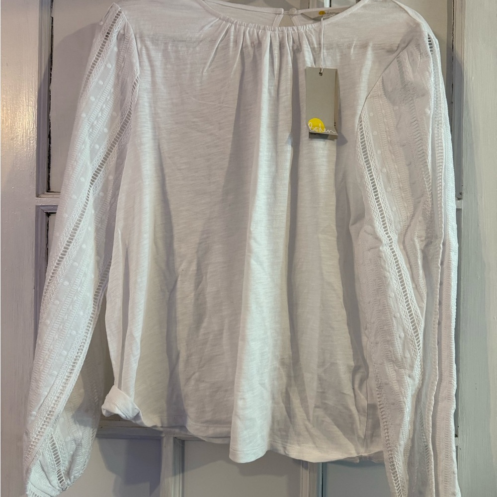 NWT Women’s Boden White Long Sleeve Women's Top with patterned sleeves